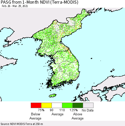 Korea PASG from 1-Month NDVI (Terra-MODIS) Thematic Map For 3/22/2021 - 3/29/2021