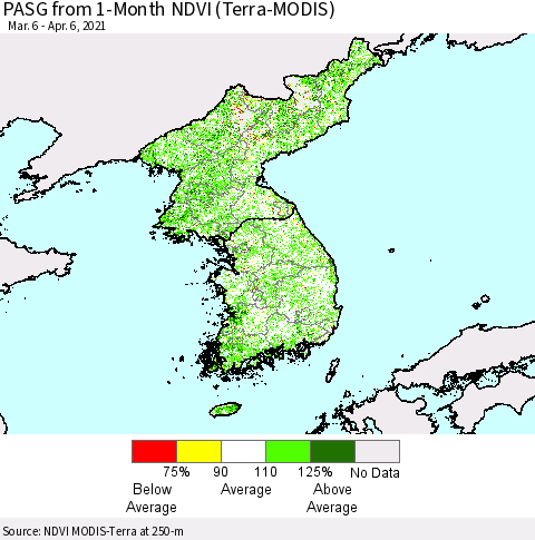 Korea PASG from 1-Month NDVI (Terra-MODIS) Thematic Map For 3/30/2021 - 4/6/2021