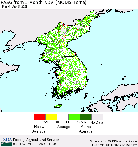 Korea PASG from 1-Month NDVI (Terra-MODIS) Thematic Map For 4/1/2021 - 4/10/2021