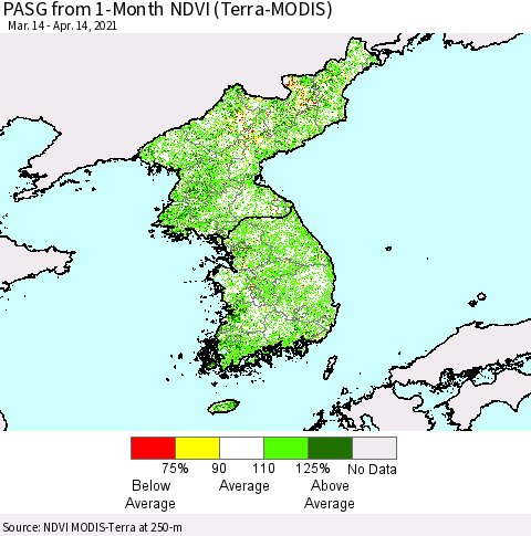 Korea PASG from 1-Month NDVI (Terra-MODIS) Thematic Map For 4/7/2021 - 4/14/2021