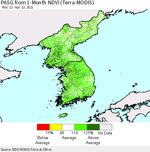 Korea PASG from 1-Month NDVI (Terra-MODIS) Thematic Map For 4/15/2021 - 4/22/2021
