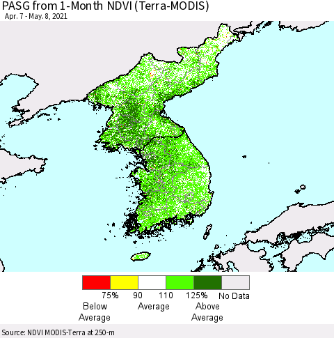 Korea PASG from 1-Month NDVI (Terra-MODIS) Thematic Map For 5/1/2021 - 5/8/2021