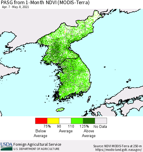 Korea PASG from 1-Month NDVI (Terra-MODIS) Thematic Map For 5/1/2021 - 5/10/2021