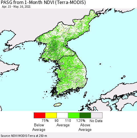 Korea PASG from 1-Month NDVI (Terra-MODIS) Thematic Map For 5/9/2021 - 5/16/2021