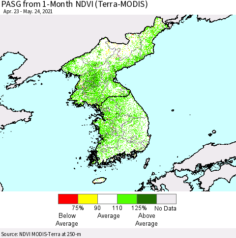 Korea PASG from 1-Month NDVI (Terra-MODIS) Thematic Map For 5/17/2021 - 5/24/2021