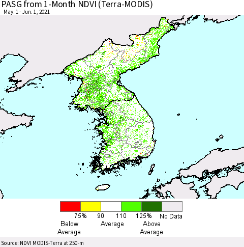 Korea PASG from 1-Month NDVI (Terra-MODIS) Thematic Map For 5/25/2021 - 6/1/2021