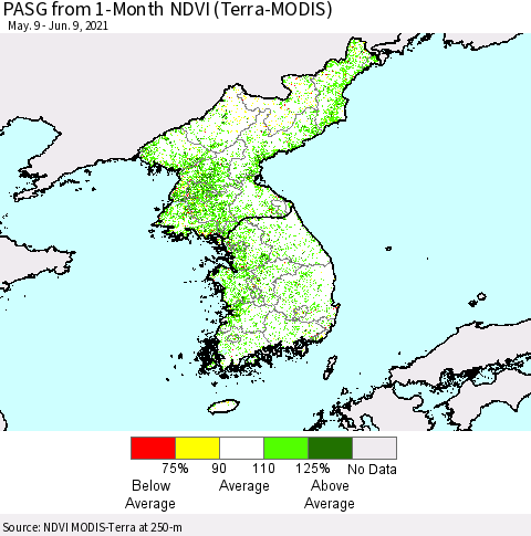 Korea PASG from 1-Month NDVI (Terra-MODIS) Thematic Map For 6/2/2021 - 6/9/2021