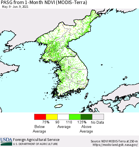 Korea PASG from 1-Month NDVI (Terra-MODIS) Thematic Map For 6/1/2021 - 6/10/2021