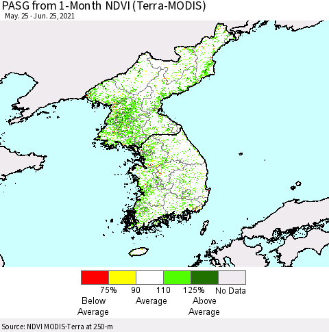 Korea PASG from 1-Month NDVI (Terra-MODIS) Thematic Map For 6/18/2021 - 6/25/2021