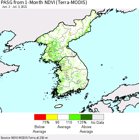 Korea PASG from 1-Month NDVI (Terra-MODIS) Thematic Map For 6/26/2021 - 7/3/2021