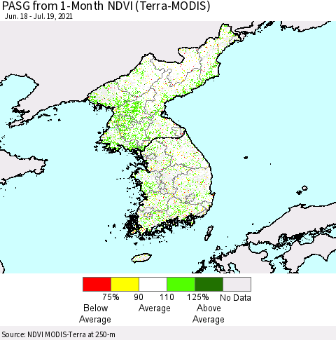 Korea PASG from 1-Month NDVI (Terra-MODIS) Thematic Map For 7/12/2021 - 7/19/2021
