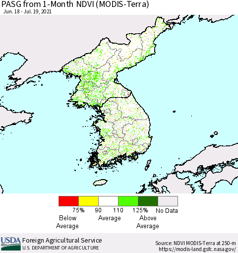 Korea PASG from 1-Month NDVI (Terra-MODIS) Thematic Map For 7/11/2021 - 7/20/2021
