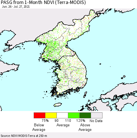 Korea PASG from 1-Month NDVI (Terra-MODIS) Thematic Map For 7/20/2021 - 7/27/2021