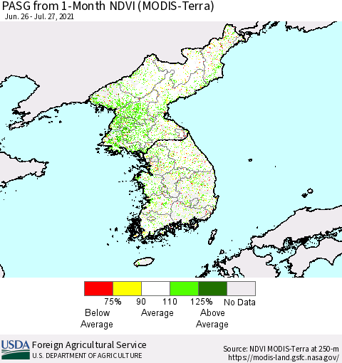 Korea PASG from 1-Month NDVI (Terra-MODIS) Thematic Map For 7/21/2021 - 7/31/2021