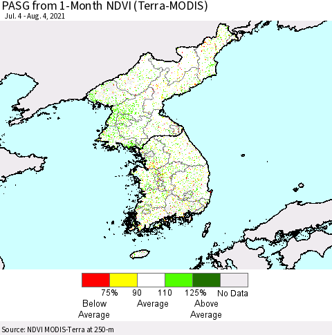 Korea PASG from 1-Month NDVI (Terra-MODIS) Thematic Map For 7/28/2021 - 8/4/2021