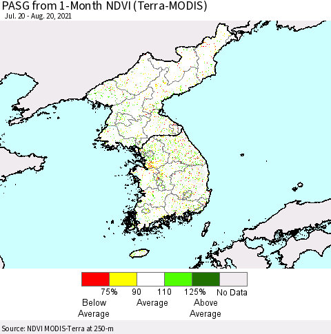 Korea PASG from 1-Month NDVI (Terra-MODIS) Thematic Map For 8/13/2021 - 8/20/2021