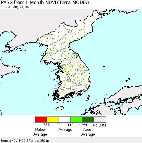 Korea PASG from 1-Month NDVI (Terra-MODIS) Thematic Map For 8/21/2021 - 8/28/2021