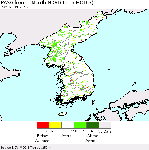 Korea PASG from 1-Month NDVI (Terra-MODIS) Thematic Map For 9/30/2021 - 10/7/2021