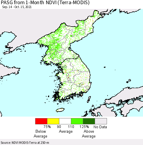 Korea PASG from 1-Month NDVI (Terra-MODIS) Thematic Map For 10/8/2021 - 10/15/2021