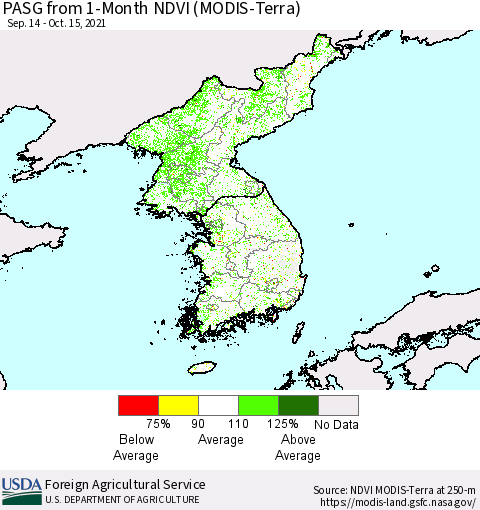 Korea PASG from 1-Month NDVI (Terra-MODIS) Thematic Map For 10/11/2021 - 10/20/2021