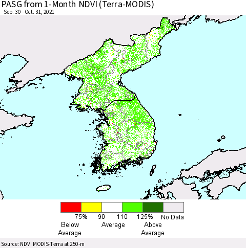 Korea PASG from 1-Month NDVI (Terra-MODIS) Thematic Map For 10/21/2021 - 10/31/2021