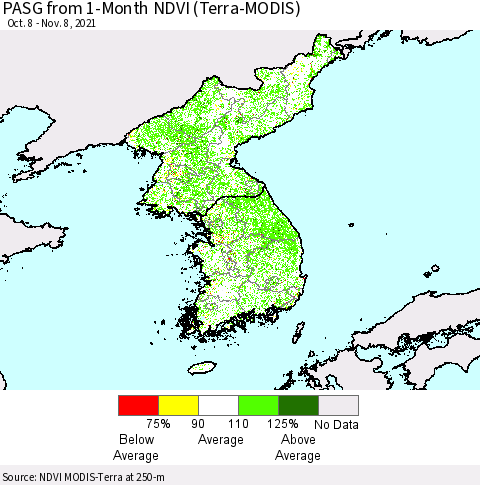 Korea PASG from 1-Month NDVI (Terra-MODIS) Thematic Map For 11/1/2021 - 11/8/2021
