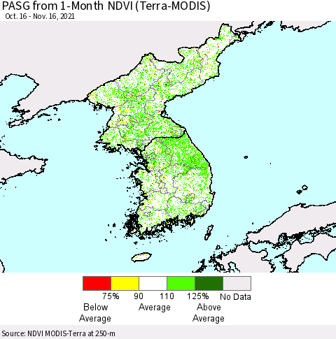 Korea PASG from 1-Month NDVI (Terra-MODIS) Thematic Map For 11/9/2021 - 11/16/2021