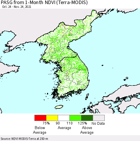 Korea PASG from 1-Month NDVI (Terra-MODIS) Thematic Map For 11/17/2021 - 11/24/2021