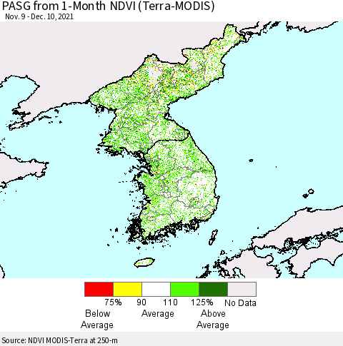 Korea PASG from 1-Month NDVI (Terra-MODIS) Thematic Map For 12/1/2021 - 12/10/2021