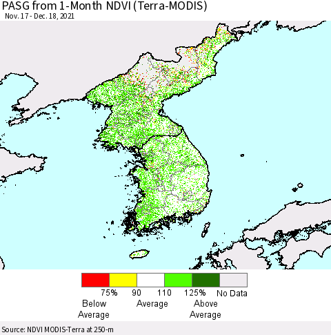 Korea PASG from 1-Month NDVI (Terra-MODIS) Thematic Map For 12/11/2021 - 12/18/2021