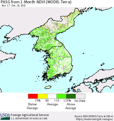 Korea PASG from 1-Month NDVI (Terra-MODIS) Thematic Map For 12/11/2021 - 12/20/2021