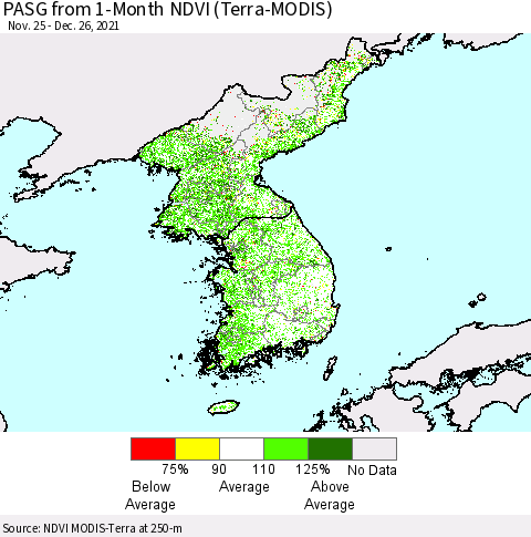 Korea PASG from 1-Month NDVI (Terra-MODIS) Thematic Map For 12/19/2021 - 12/26/2021