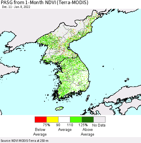 Korea PASG from 1-Month NDVI (Terra-MODIS) Thematic Map For 1/1/2022 - 1/8/2022