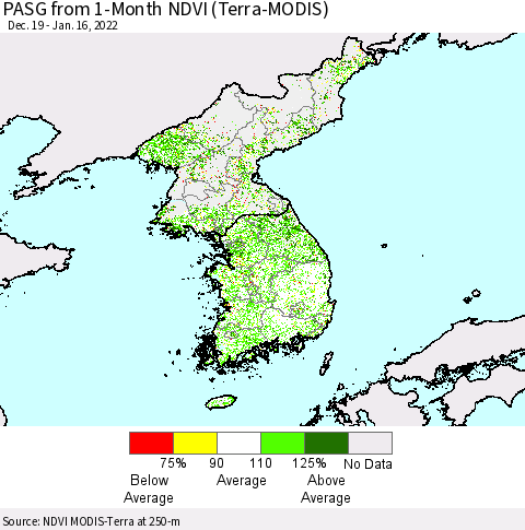 Korea PASG from 1-Month NDVI (Terra-MODIS) Thematic Map For 1/9/2022 - 1/16/2022
