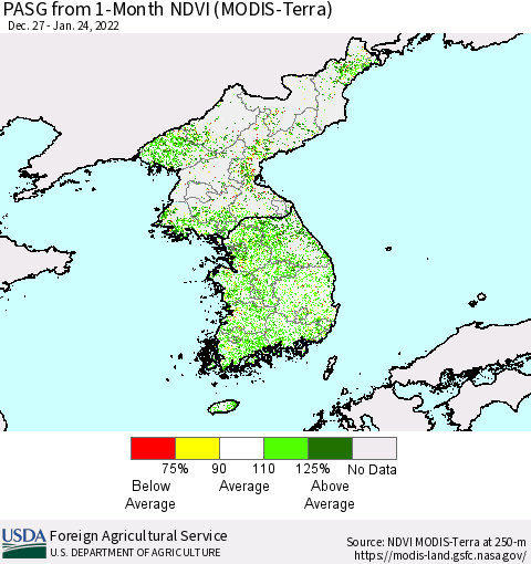 Korea PASG from 1-Month NDVI (Terra-MODIS) Thematic Map For 1/21/2022 - 1/31/2022