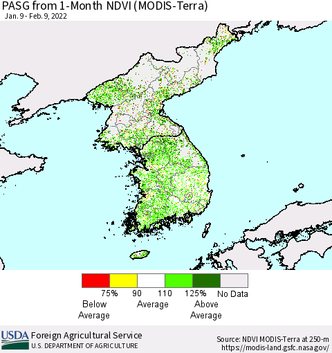Korea PASG from 1-Month NDVI (Terra-MODIS) Thematic Map For 2/1/2022 - 2/10/2022