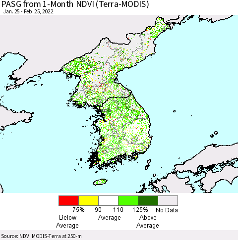 Korea PASG from 1-Month NDVI (Terra-MODIS) Thematic Map For 2/18/2022 - 2/25/2022