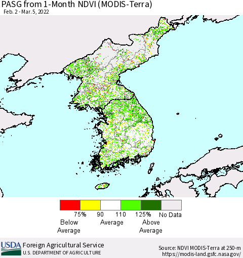 Korea PASG from 1-Month NDVI (Terra-MODIS) Thematic Map For 3/1/2022 - 3/10/2022