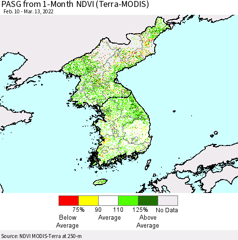 Korea PASG from 1-Month NDVI (Terra-MODIS) Thematic Map For 3/6/2022 - 3/13/2022