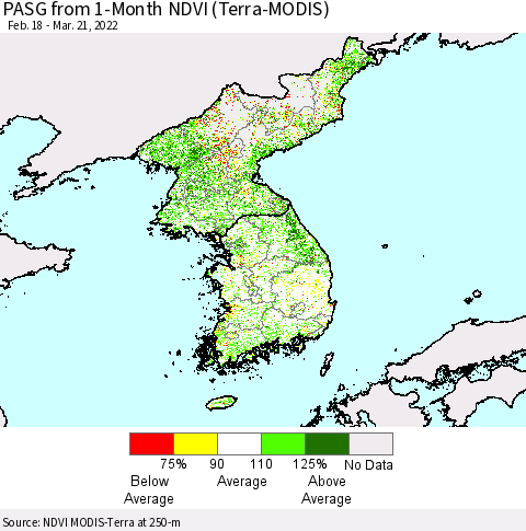 Korea PASG from 1-Month NDVI (Terra-MODIS) Thematic Map For 3/14/2022 - 3/21/2022