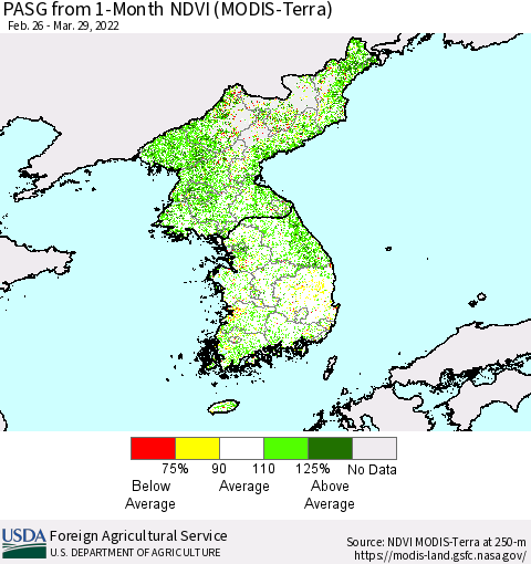 Korea PASG from 1-Month NDVI (Terra-MODIS) Thematic Map For 3/21/2022 - 3/31/2022