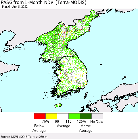Korea PASG from 1-Month NDVI (Terra-MODIS) Thematic Map For 3/30/2022 - 4/6/2022