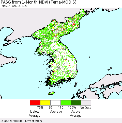 Korea PASG from 1-Month NDVI (Terra-MODIS) Thematic Map For 4/7/2022 - 4/14/2022