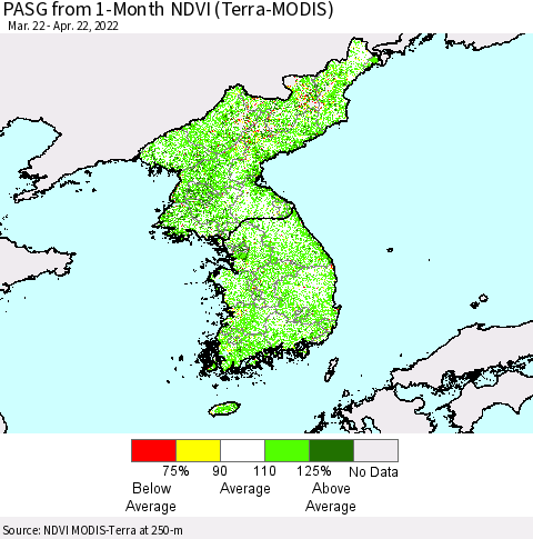Korea PASG from 1-Month NDVI (Terra-MODIS) Thematic Map For 4/15/2022 - 4/22/2022