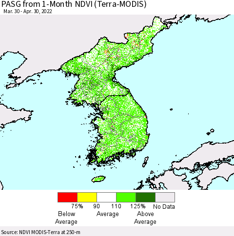Korea PASG from 1-Month NDVI (Terra-MODIS) Thematic Map For 4/21/2022 - 4/30/2022
