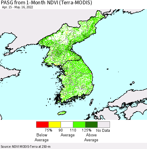 Korea PASG from 1-Month NDVI (Terra-MODIS) Thematic Map For 5/9/2022 - 5/16/2022