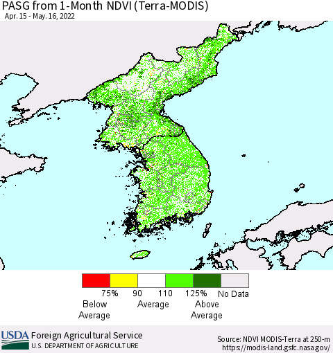 Korea PASG from 1-Month NDVI (Terra-MODIS) Thematic Map For 5/11/2022 - 5/20/2022