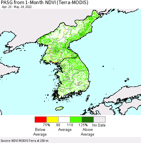 Korea PASG from 1-Month NDVI (Terra-MODIS) Thematic Map For 5/17/2022 - 5/24/2022