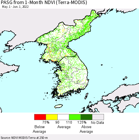 Korea PASG from 1-Month NDVI (Terra-MODIS) Thematic Map For 5/25/2022 - 6/1/2022