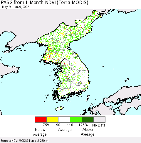 Korea PASG from 1-Month NDVI (Terra-MODIS) Thematic Map For 6/2/2022 - 6/9/2022